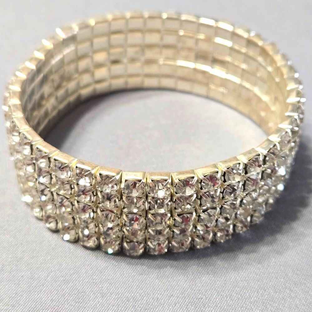 Silver Tone 4-Row Clear Rhinestone Stretch Cuff Bracelet